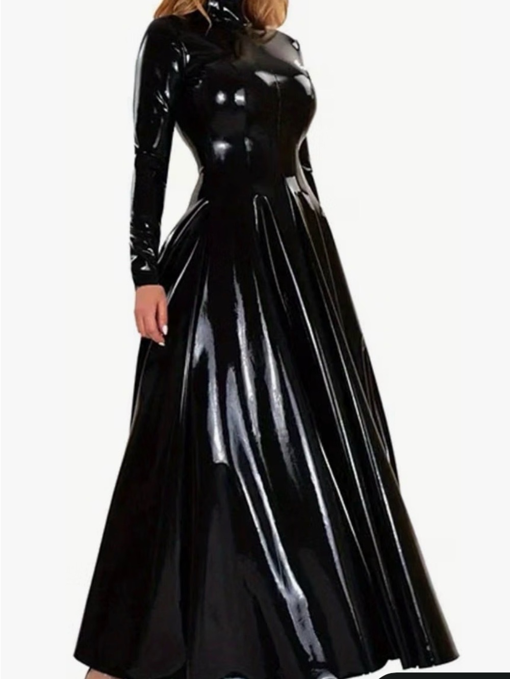 🖤 Black Patent
High-Shine Long Sleeve Maxi Dress, Gothic Halloween Costume